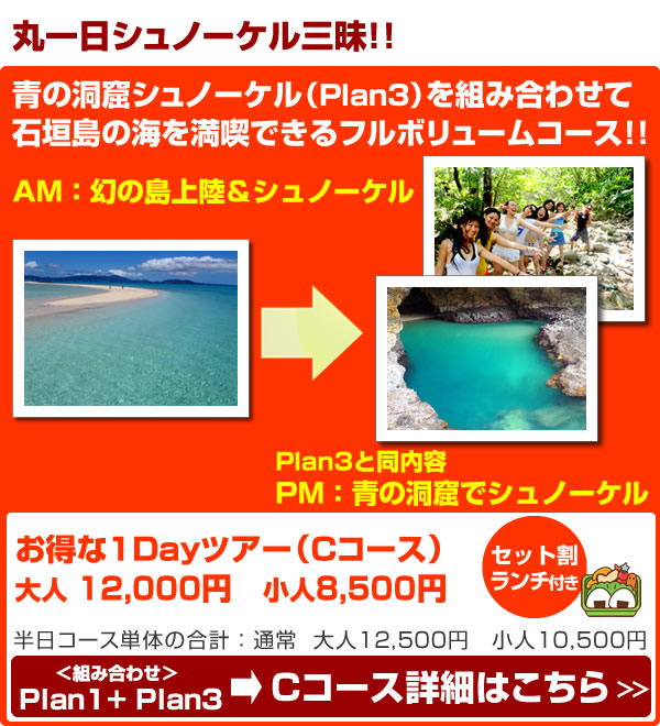 Cコース:幻の島+石西礁湖シュノーケル+青の洞窟シュノーケル(1Day)ツアー!!