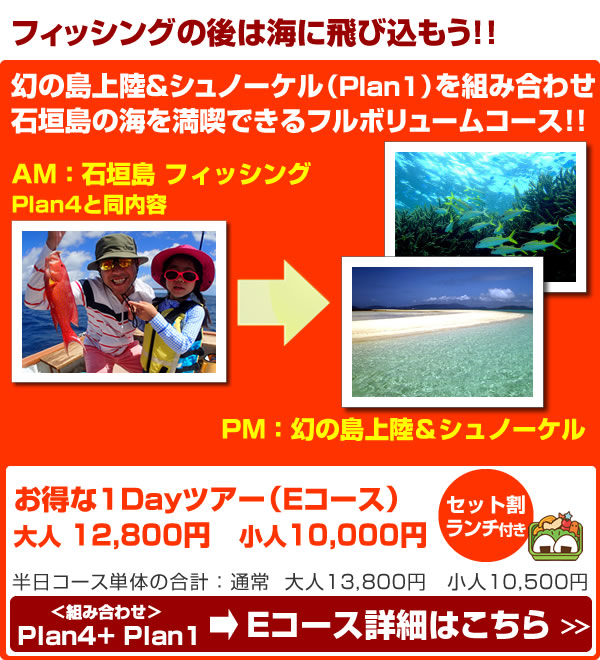 Eコース:フィッシングツアー+幻の島上陸+シュノーケル(1Day)ツアー!!