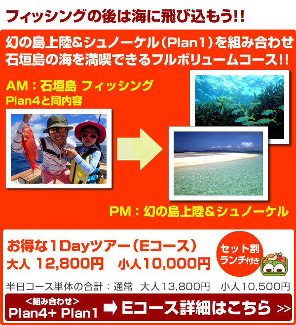 Eコース：フィッシングツアー+幻の島上陸+シュノーケル（1Day）ツアー！！