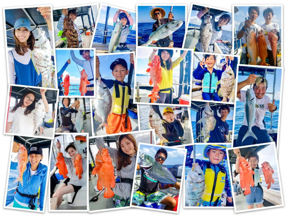 大人から子供までたくさんの人々の釣りあげた魚との記念撮影コラージュ