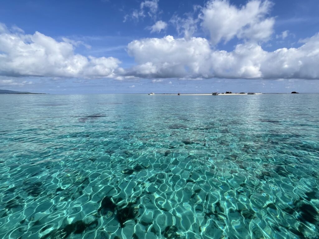 海底が透けて見えるほど透明度の高い海の様子。その先には無人島があります